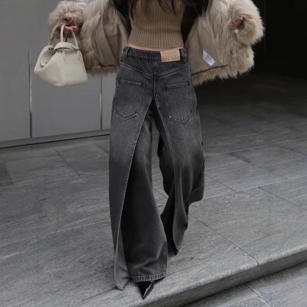 Women's Waste Soil Wind Loose Washed Front and Back Wear Jeans