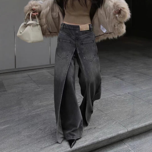 Women's Waste Soil Wind Loose Washed Front and Back Wear Jeans