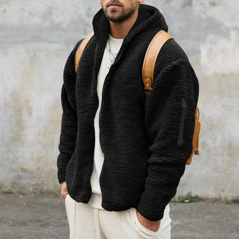 Plush Hooded Reversible Jacket Men's Winter Fleece  With Zipper