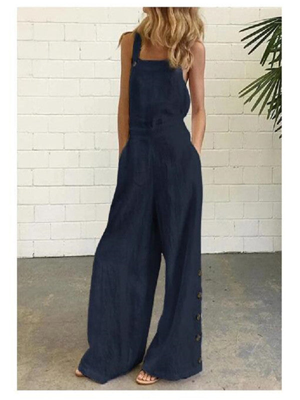 Retro Side Pocket Casual Wide-Leg Side Buckle Jumpsuit
