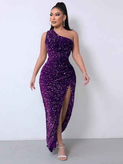 Sleeveless One Shoulder Slash Neck Sequins Slit Dress Women