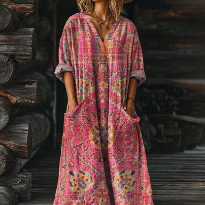 Women's Vintage Floral Art Pattern Print V-neck Pocket Dress