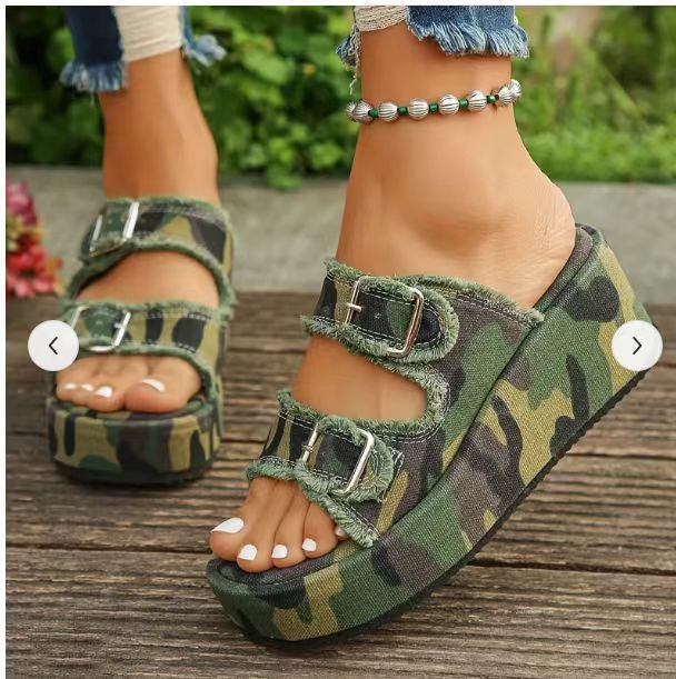 Denim Buckle Wedges Summer Outdoor High Heel Slippers For Women