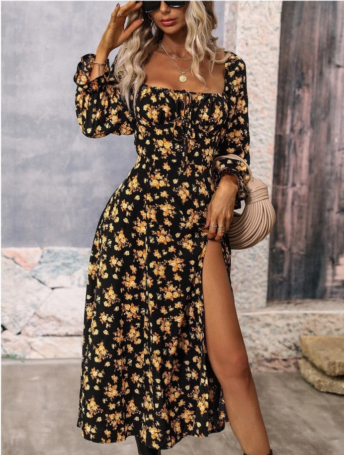 Womens Floral Print Long Sleeve Square-neck Slit Dress