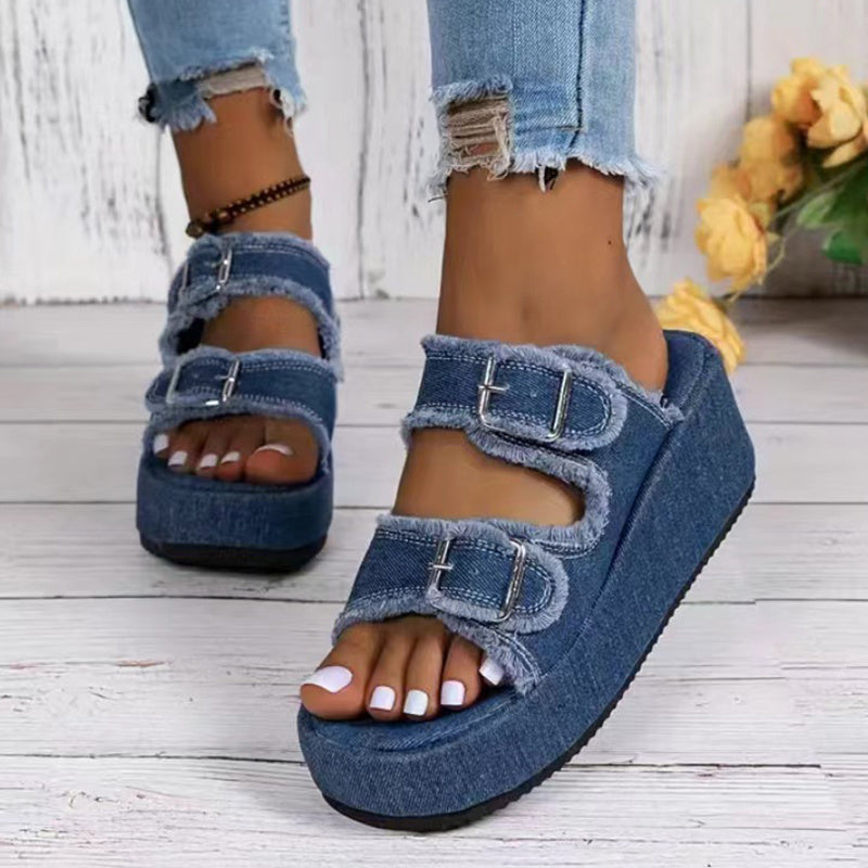 Denim Buckle Wedges Summer Outdoor High Heel Slippers For Women