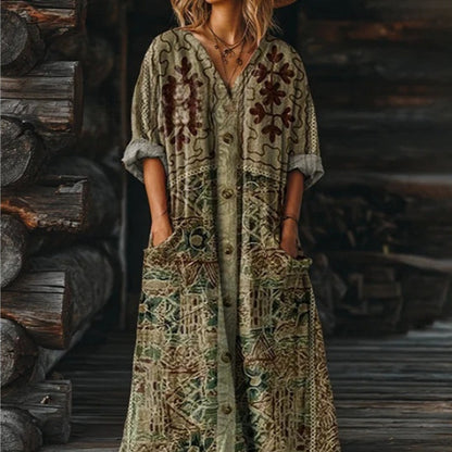 Women's Vintage Floral Art Pattern Print V-neck Pocket Dress