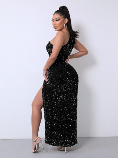 Sleeveless One Shoulder Slash Neck Sequins Slit Dress Women