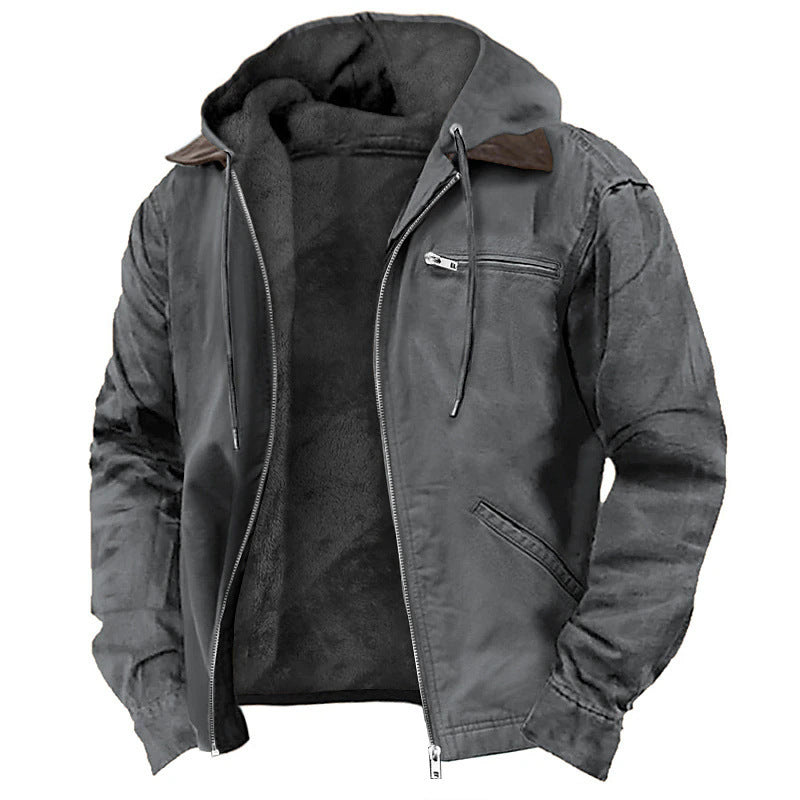 Mens Winter Hooded Coat With Pockets Warm Fleece Zip-up Jacket