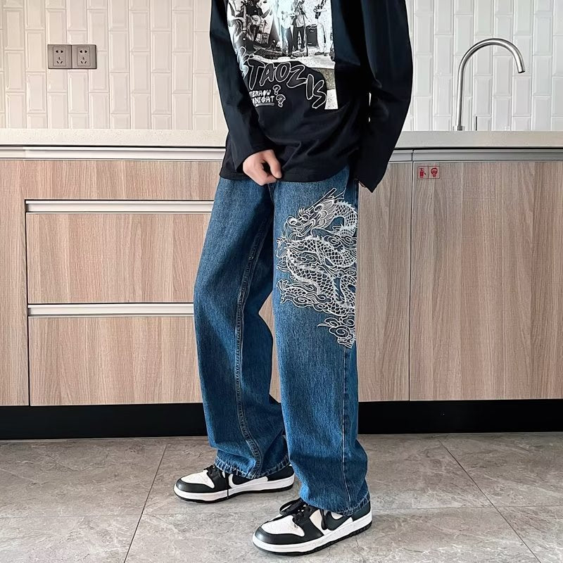 Loose Embroidered Straghtleg Jeans with dragon design For men
