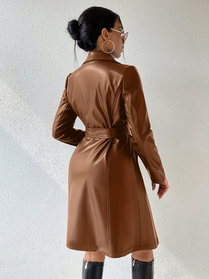 Long Sleeve Pu Leather Jacket With Pockets Slim Fit Long Trench Coat Women