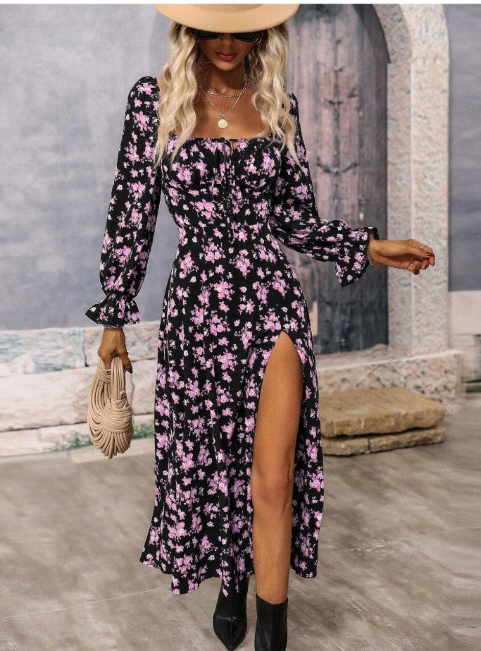 Womens Floral Print Long Sleeve Square-neck Slit Dress