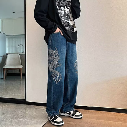 Loose Embroidered Straghtleg Jeans with dragon design For men