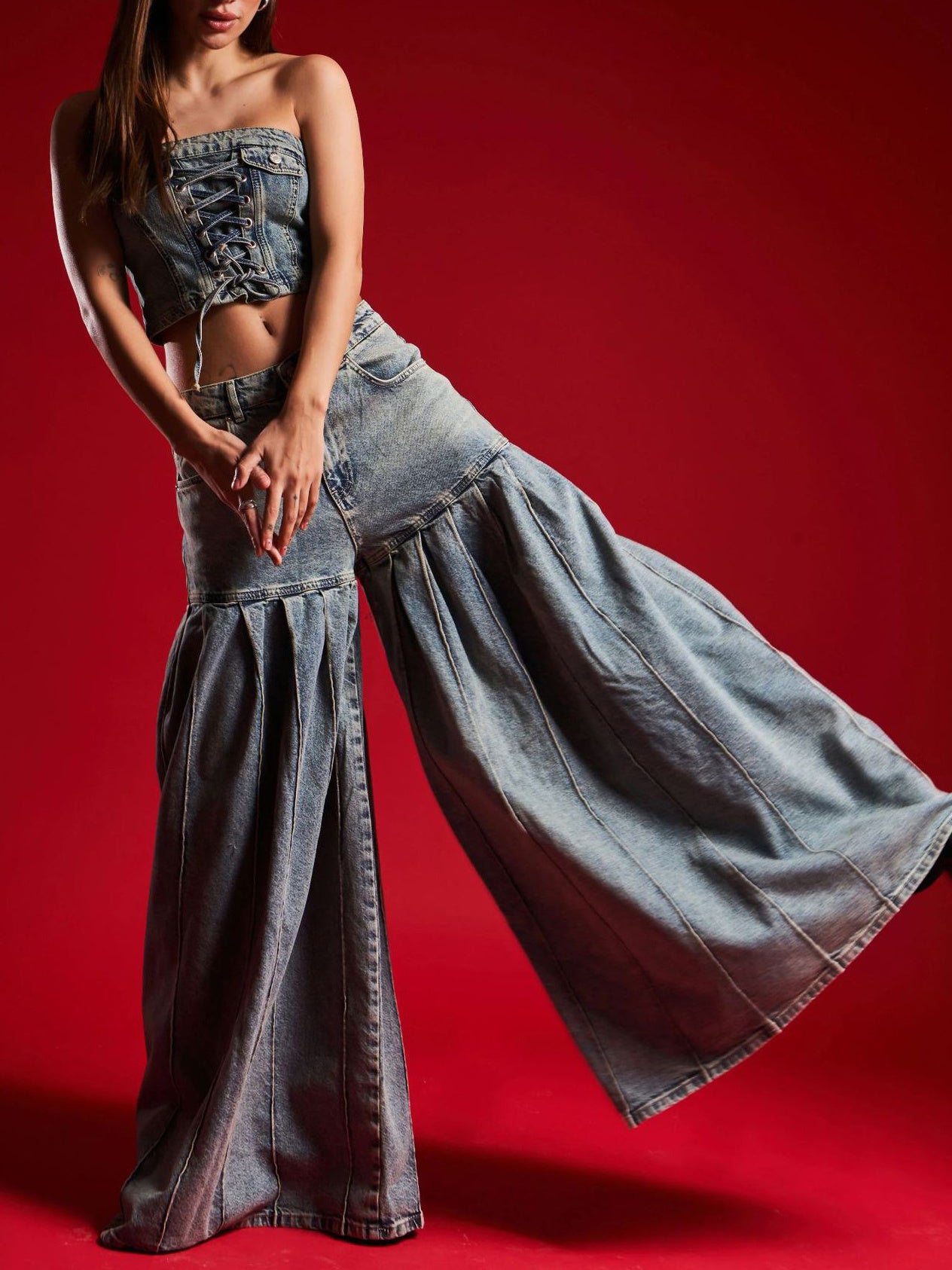Women Strapless Denim Crop Top Corset & High-Waisted Pleated Wide-Leg Pants Set