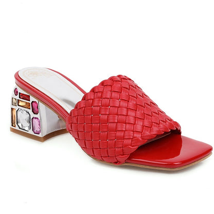 Outdoor Luxury Crystal Women Slide Low Heels Casual Knitted  Women's Slipper Season Prestige