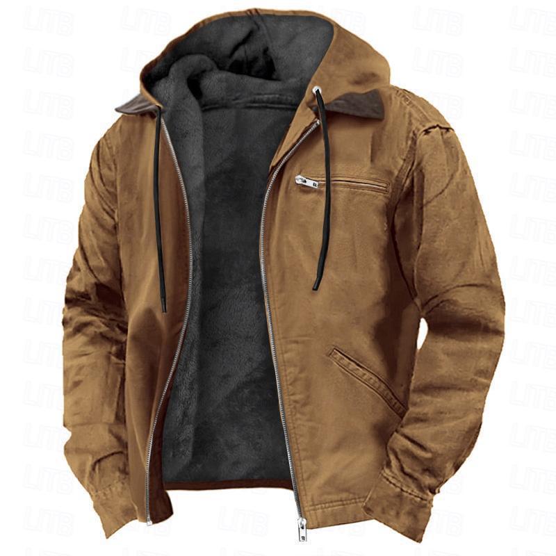 Mens Winter Hooded Coat With Pockets Warm Fleece Zip-up Jacket