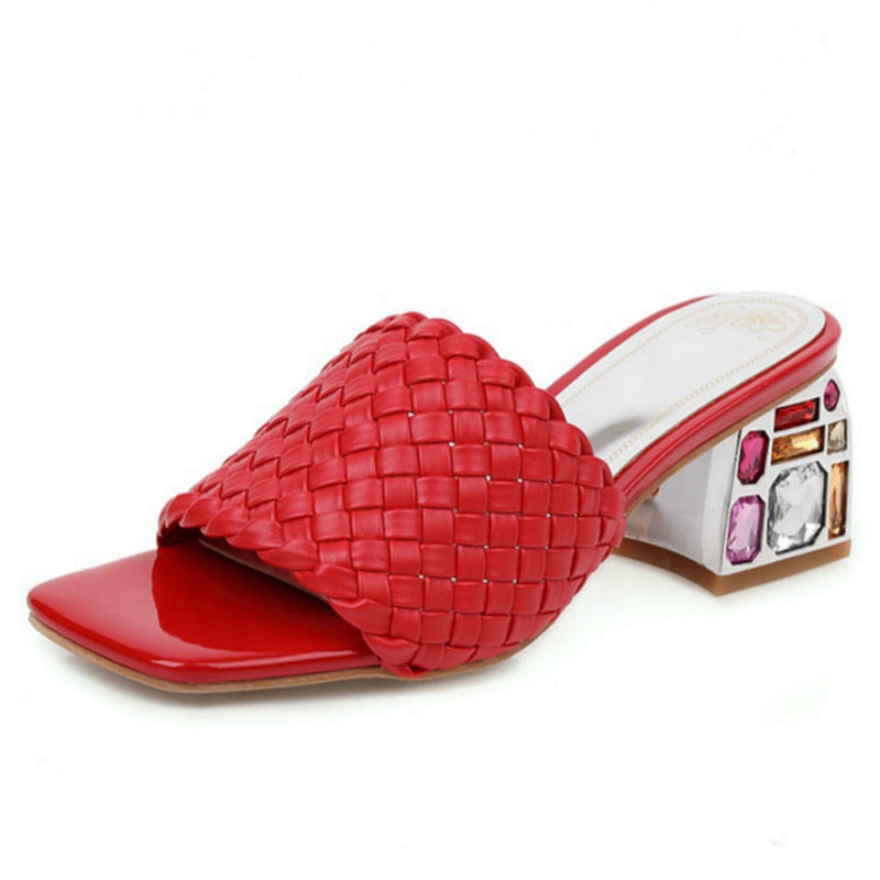 Outdoor Luxury Crystal Women Slide Low Heels Casual Knitted  Women's Slipper Season Prestige