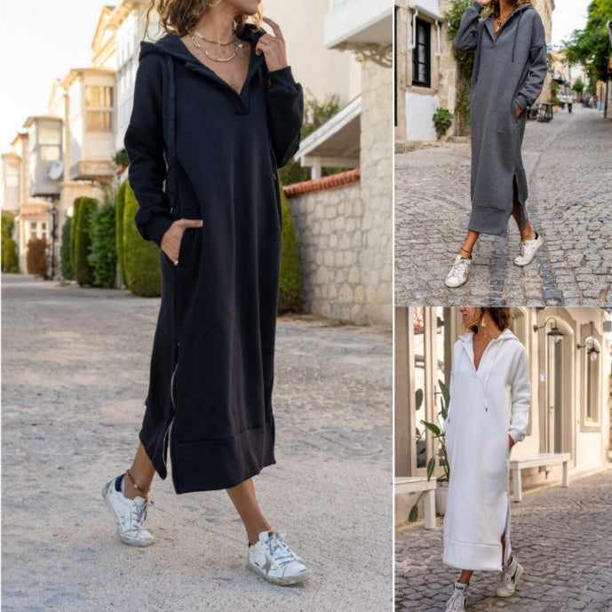 Loose Oversized Knit Hooded Dress Fleece-lined Casual pullover