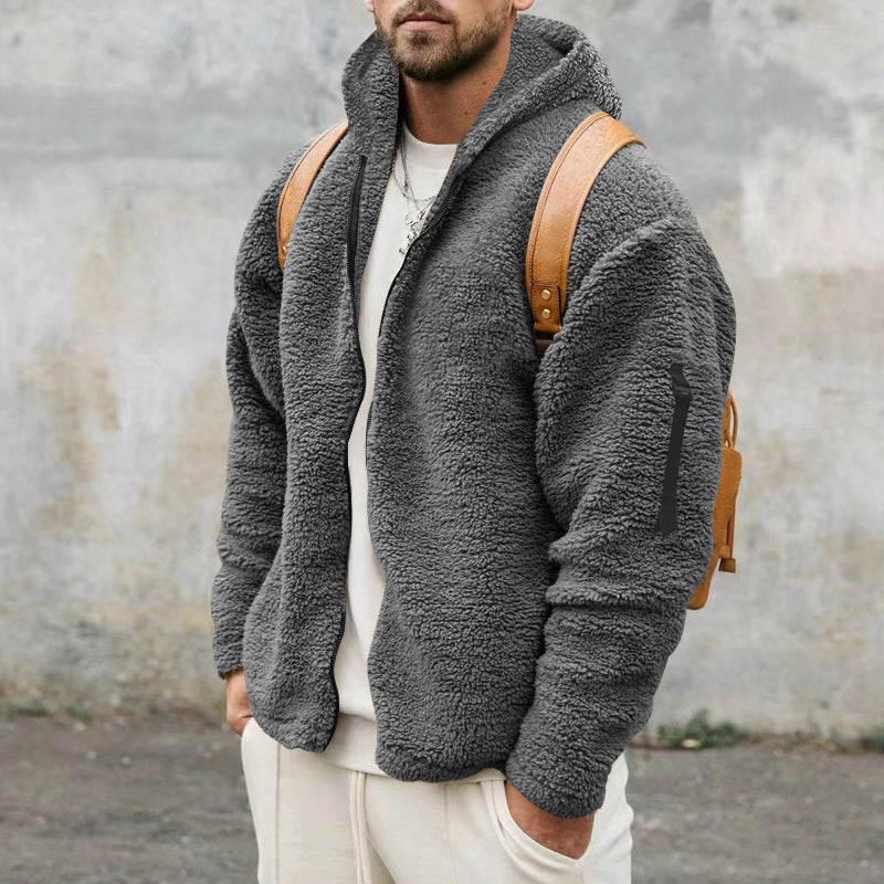 Plush Hooded Reversible Jacket Men's Winter Fleece  With Zipper