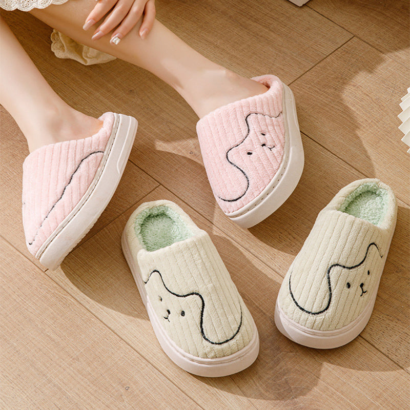 Women Striped Cat Slippers Indoor Couple Non-slip Winter Warm Plush House Shoes Mens