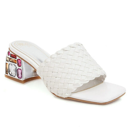 Outdoor Luxury Crystal Women Slide Low Heels Casual Knitted  Women's Slipper Season Prestige
