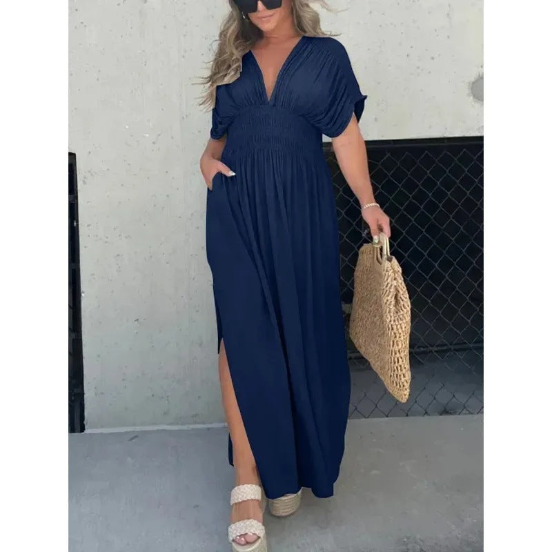 Womens Bat-sleeved V-neck Summer Short Sleeve Dress with Elastic Waist