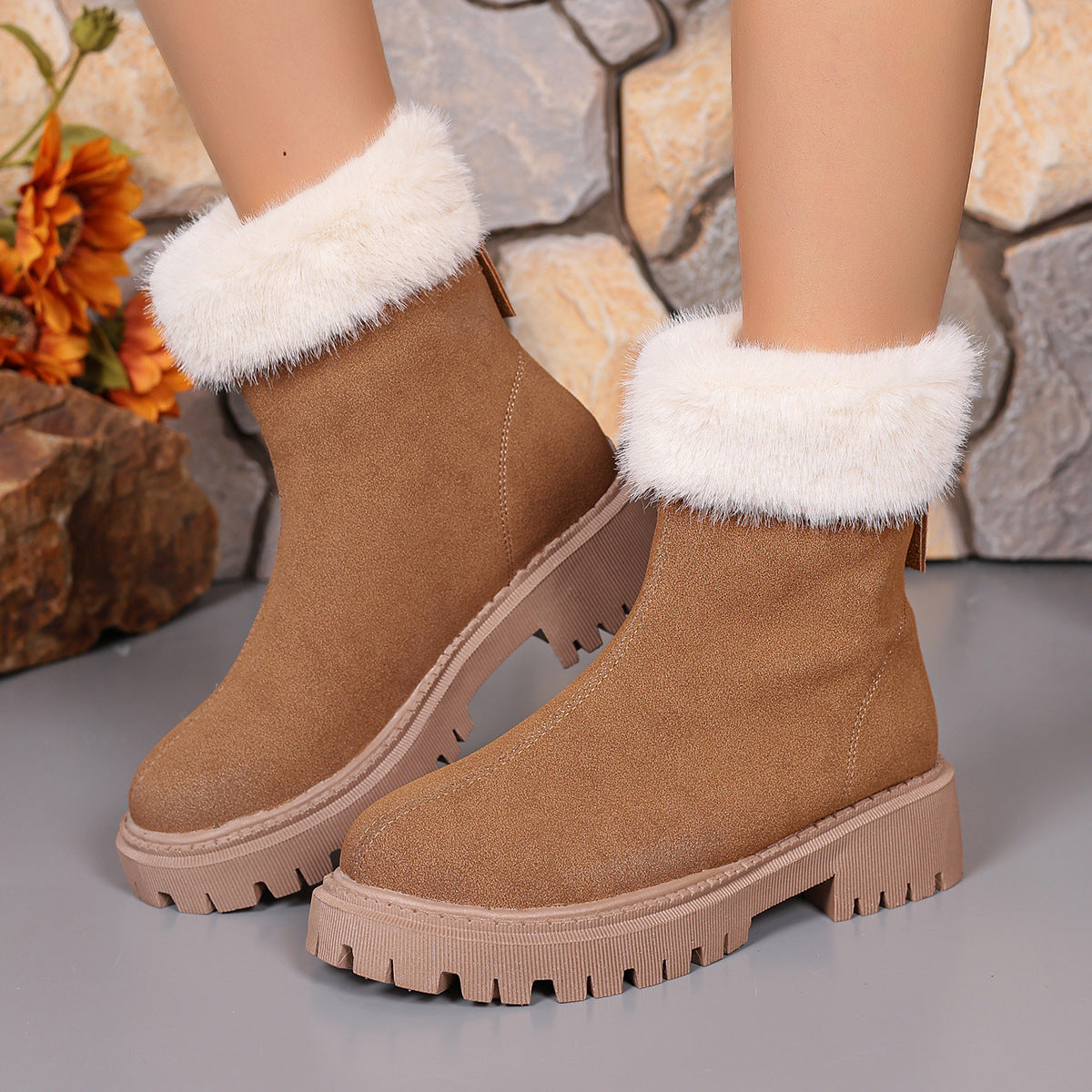 Square-heeled Snow Boots Winter Plus Velvet Platform Plush Shoes Fashion Warm Non-slip Mid-calf Boot For Womenn̈