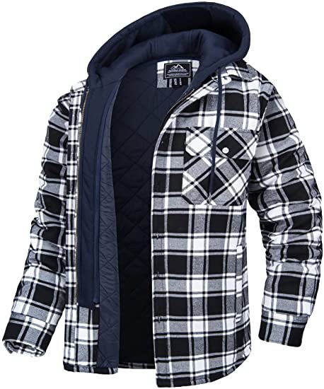 Men's plaid hooded winter jacket with thick padding and button-up front.