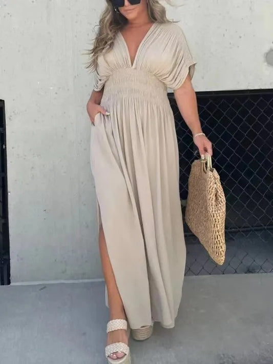 Womens Bat-sleeved V-neck Summer Short Sleeve Dress with Elastic Waist