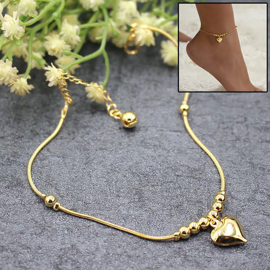 Gold Color Heart Pendant Ball Beaded Anklet For Women