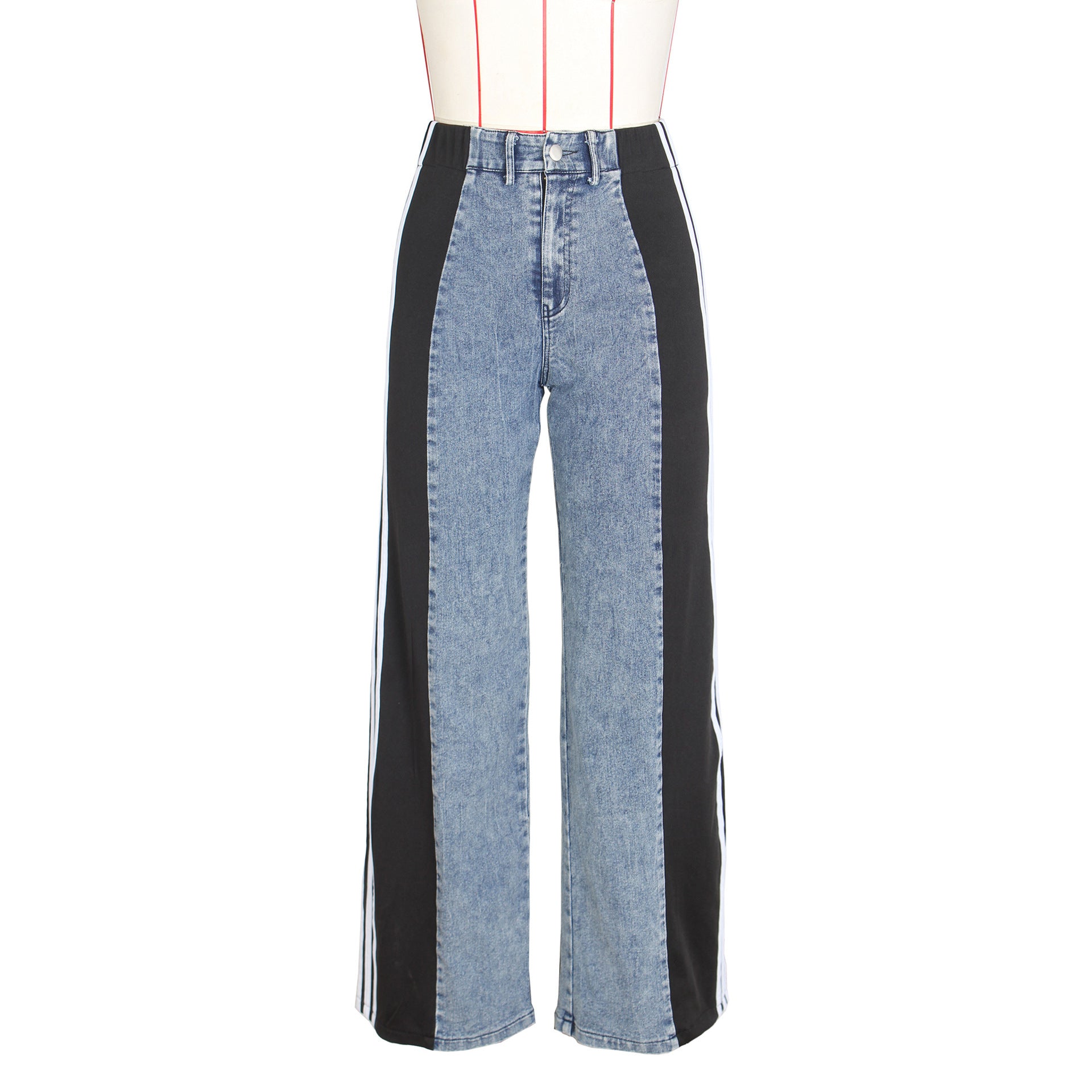 Fashion Casual High Waist Three Stripe Patchwork Denim Wide Leg Pants Streetwear