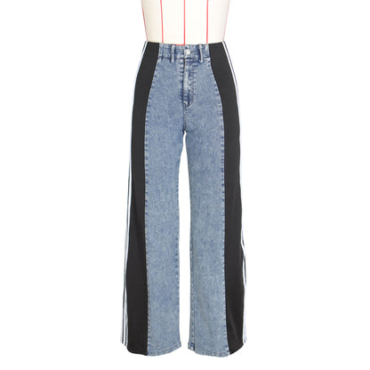 Womens Casual HighWaist Three Stripe Patchwork Denim Wide Leg Pants