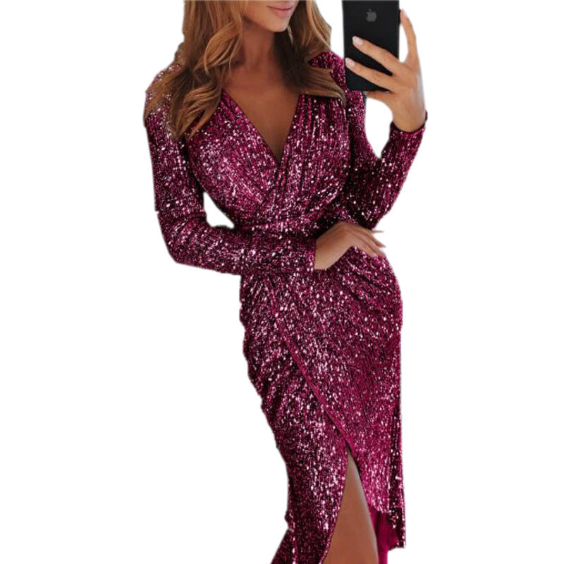 Womens Long Sleeve V-Neck Sequin Dinner Dress Ladies Evening party Dress Season Prestige