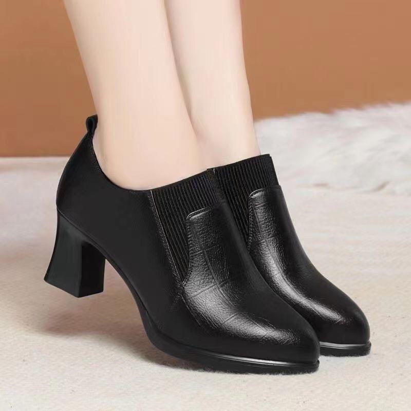 Womens Deep-toe Soft-leather Soft-soled High Heels