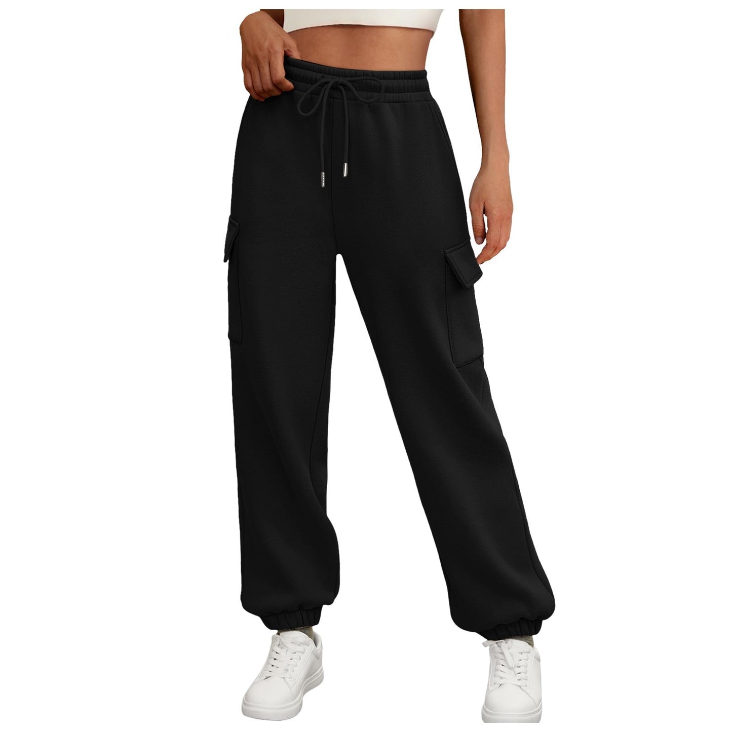 Casual Side Pocket Elastic Waist Solid Color Joggers Pants