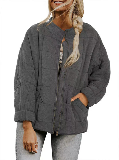 Plaid Long Sleeved Zip-up Stand Collar Jacket For Women's