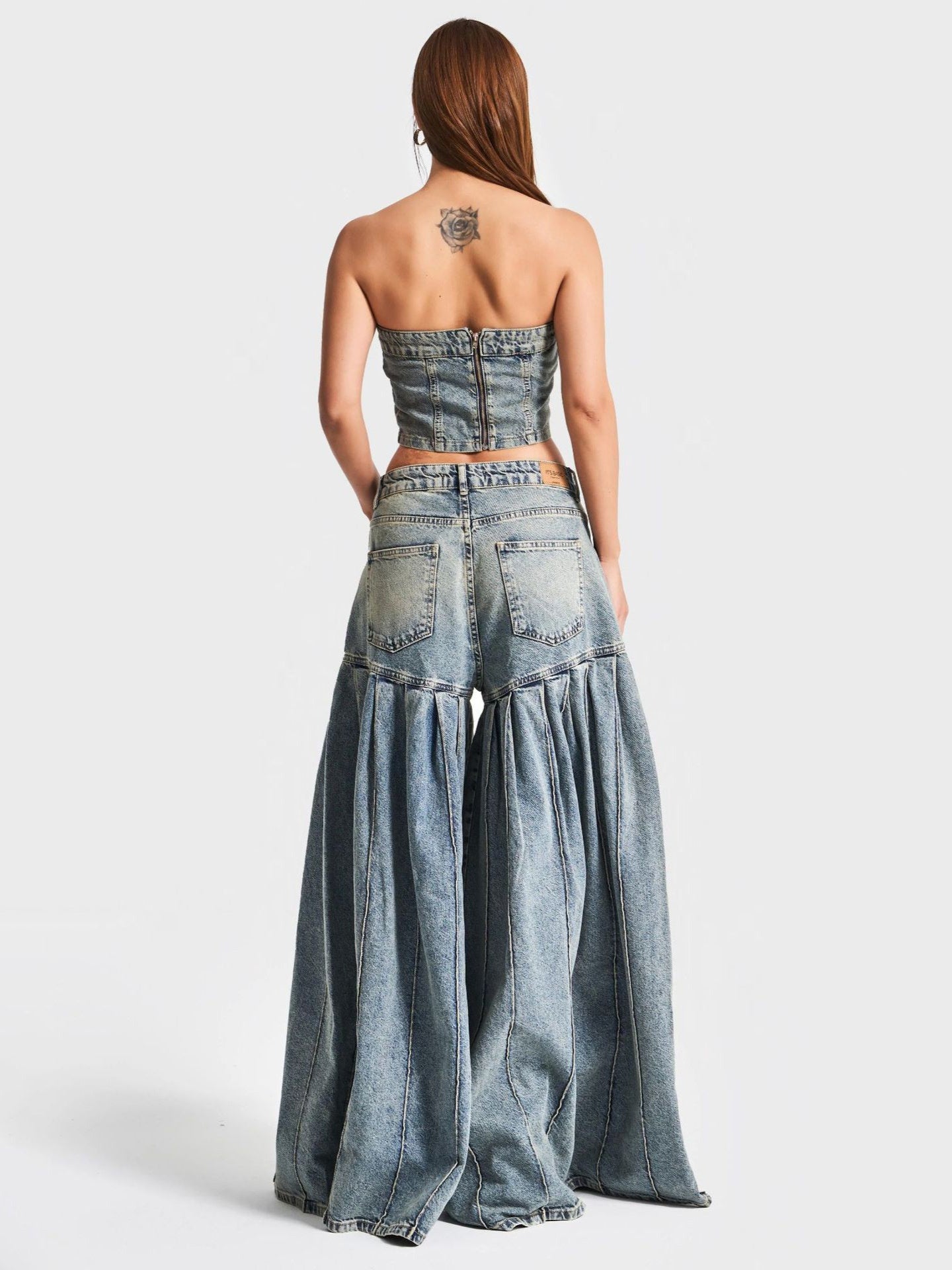 Women Strapless Denim Crop Top Corset & High-Waisted Pleated Wide-Leg Pants Set