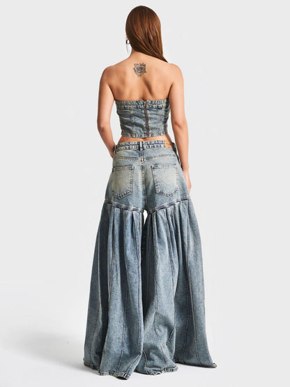 Women Strapless Denim Crop Top Corset & High-Waisted Pleated Wide-Leg Pants Set