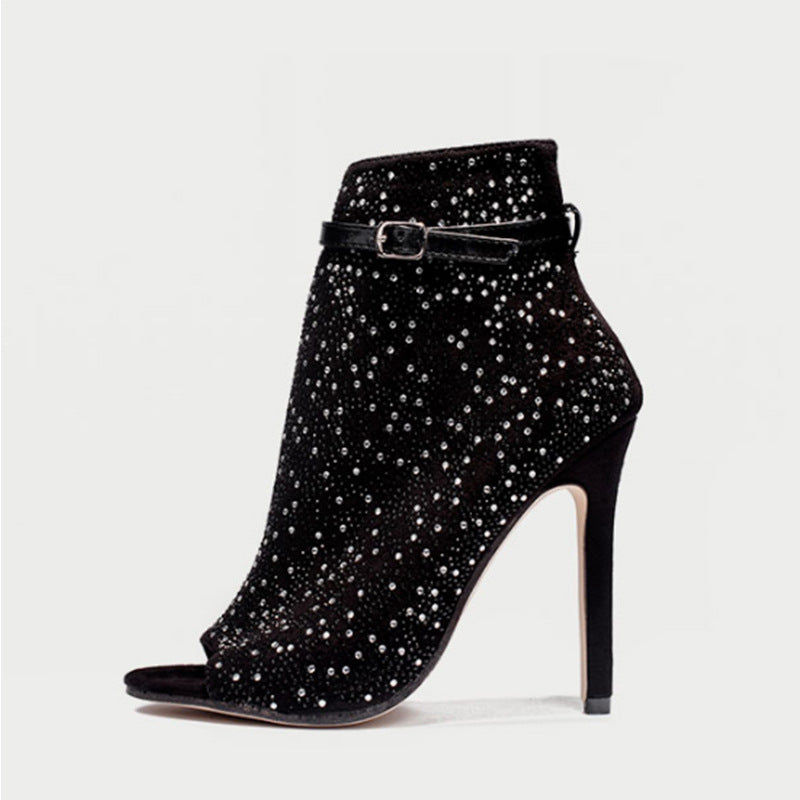 Stiletto Rhinestone Suede Sandals - Black | Season Prestige