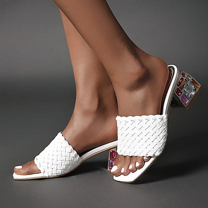 Outdoor Luxury Crystal Women Slide Low Heels Casual Knitted  Women's Slipper Season Prestige
