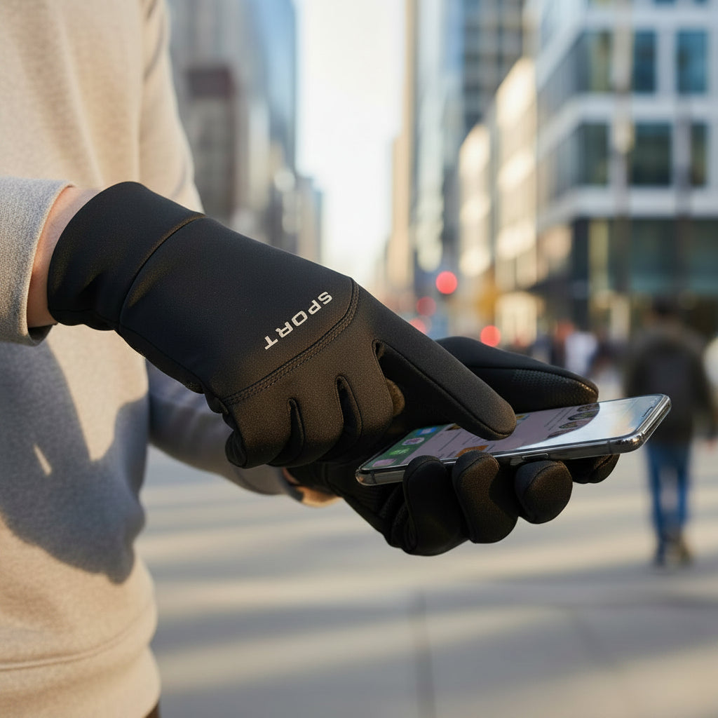  Close-up of the metal zipper and touchscreen-compatible fingertips on the Prestige Ascend gloves.