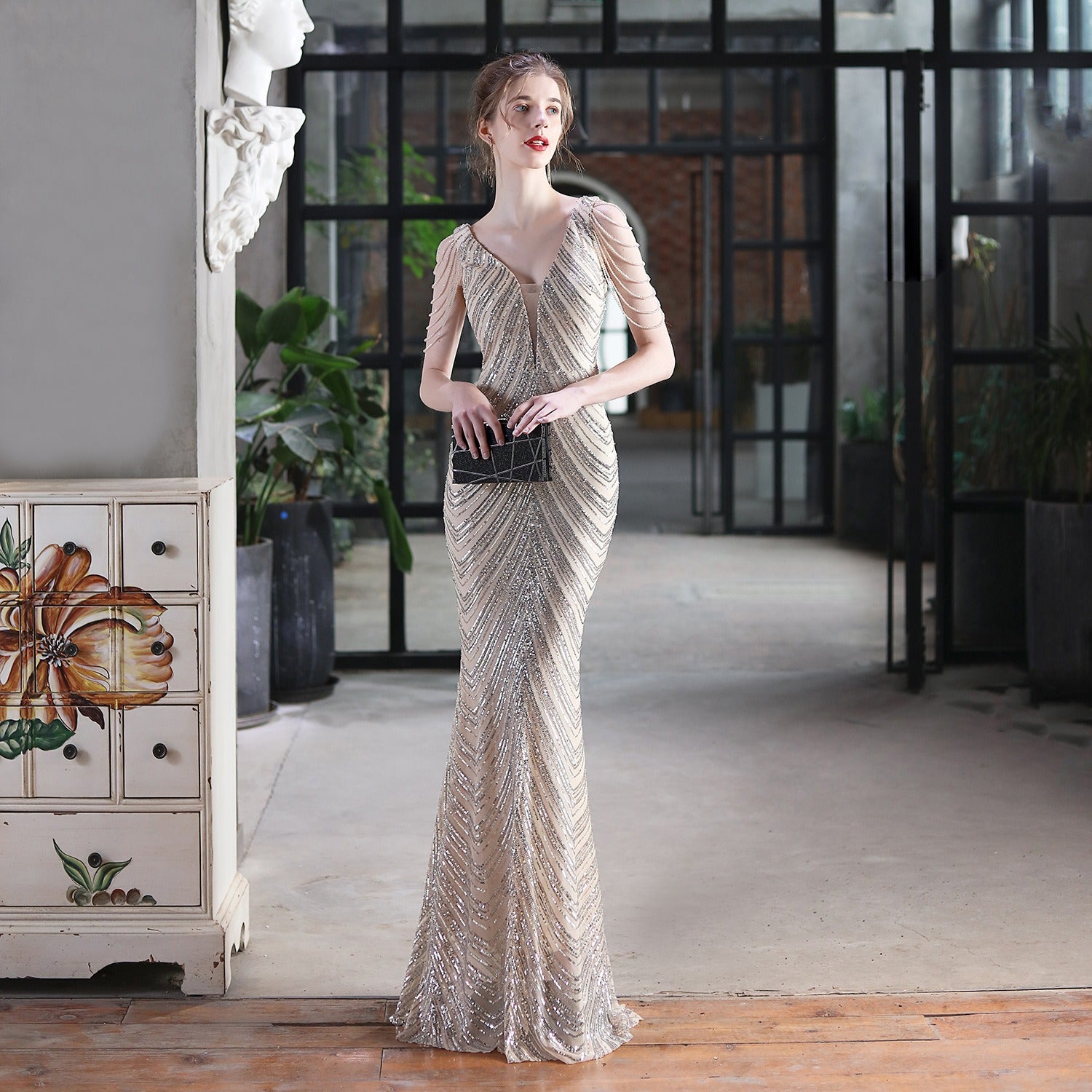 New sequin fishtail long dress performance event banquet car model etiquette evening dress season prestige