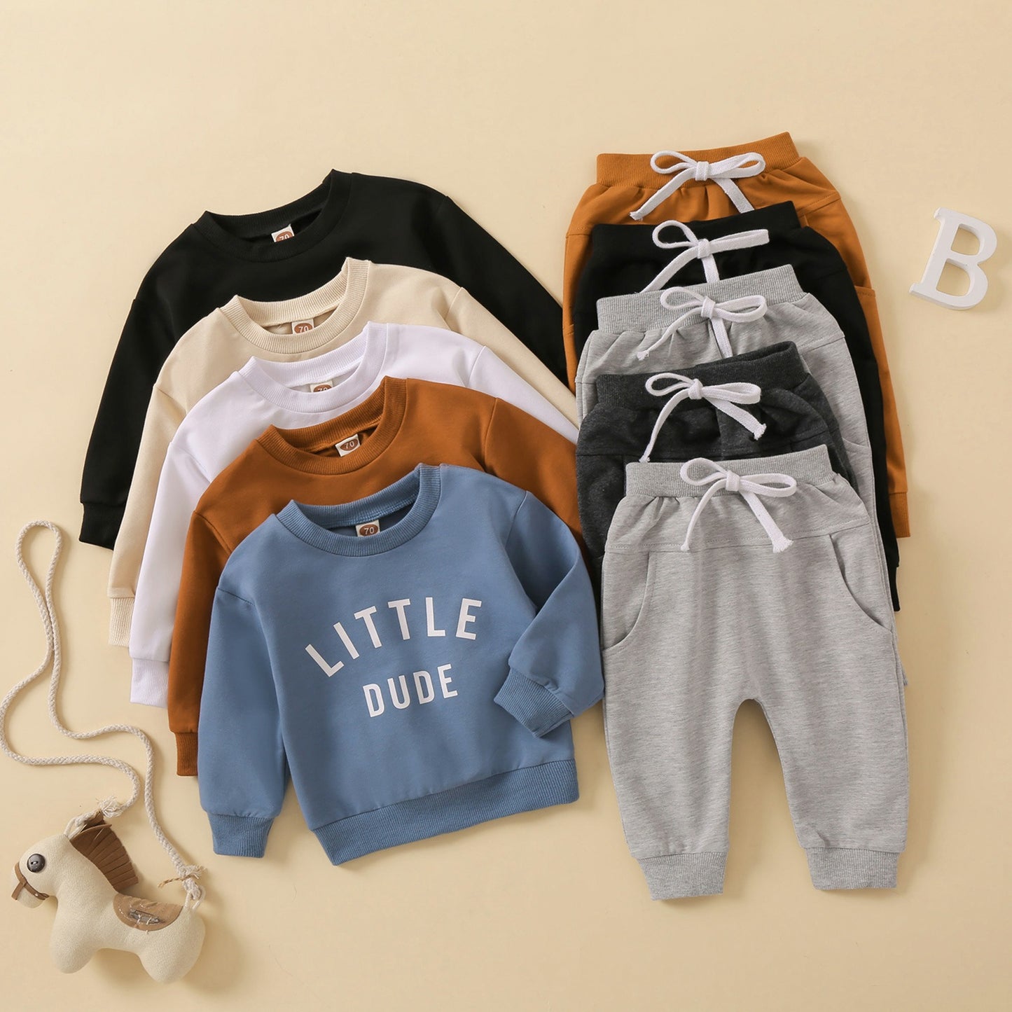 Children's round neck letter printed top solid color pants two-piece set