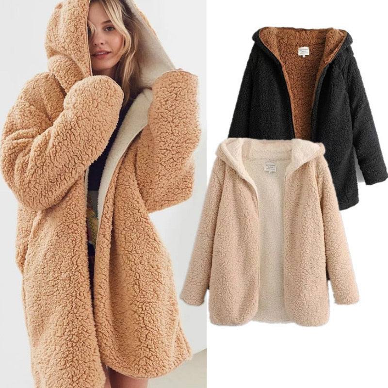 Reversible Soft Fleece Hooded Lamb Fur Jacket Women season prestige