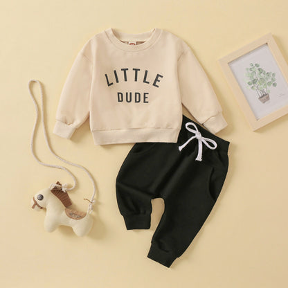 Children's round neck letter printed top solid color pants two-piece set