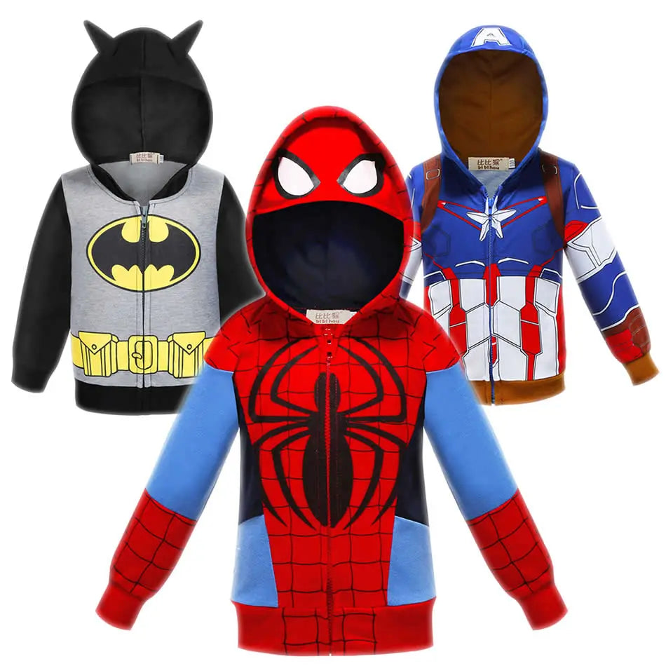 Spiderweb patterned children's hoodie with superhero theme in green, red, and black colors, great for Halloween fun and activities.