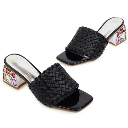 Luxury crystal women's mules with low heels, ideal for summer. Knitted style, great for the beach. Large size 48 option.