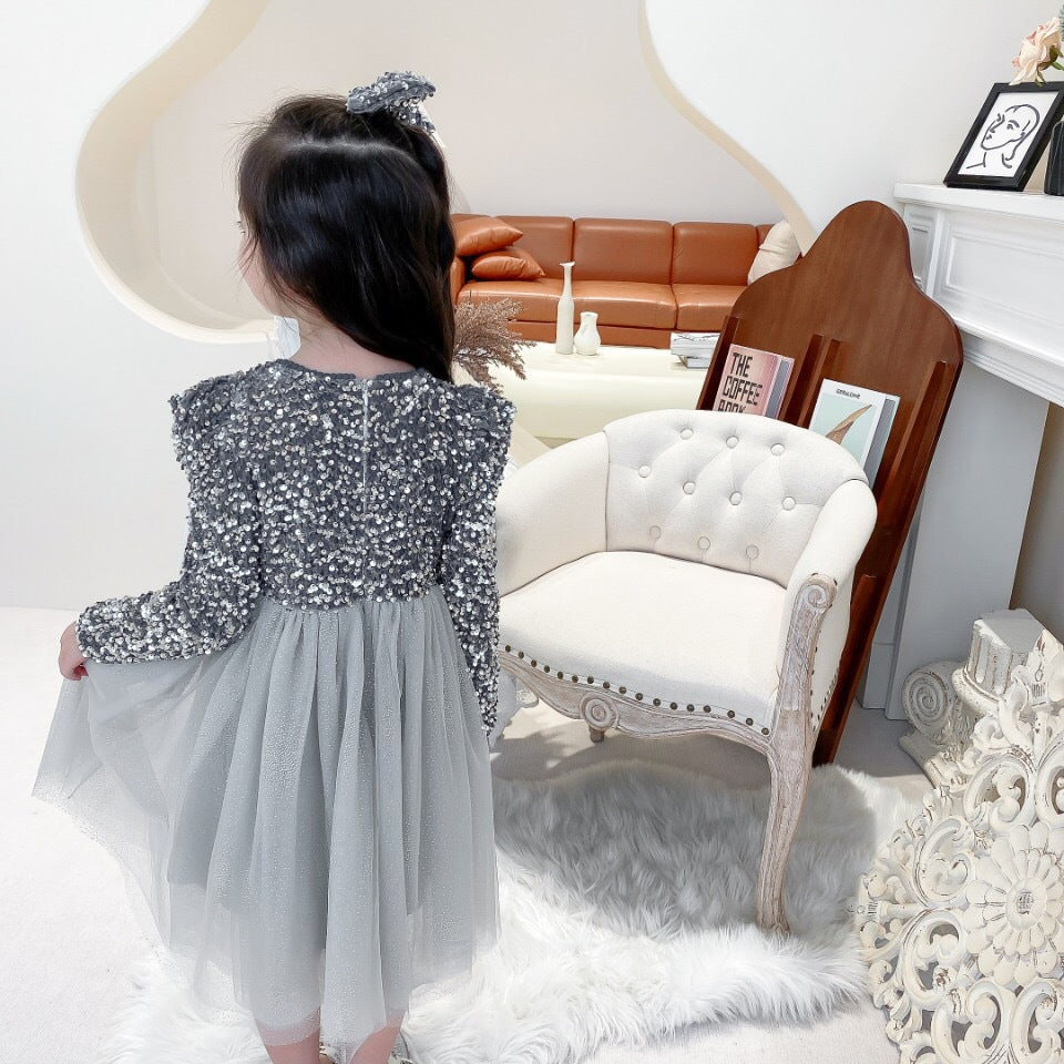 Plush Sequin Dress Girl's Long Sleeve Puffy Dress Fairy Princess Dress season prestige