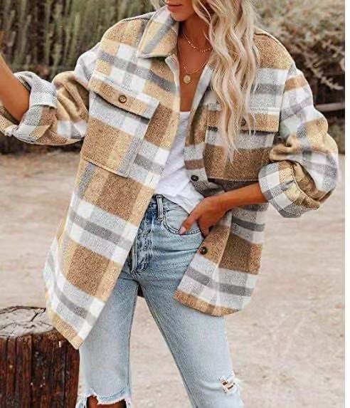 Women's Long Sleeve Plaid Wool Coat eprolo