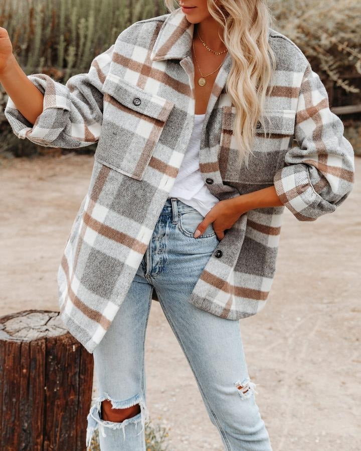 Women's Long Sleeve Plaid Wool Coat eprolo