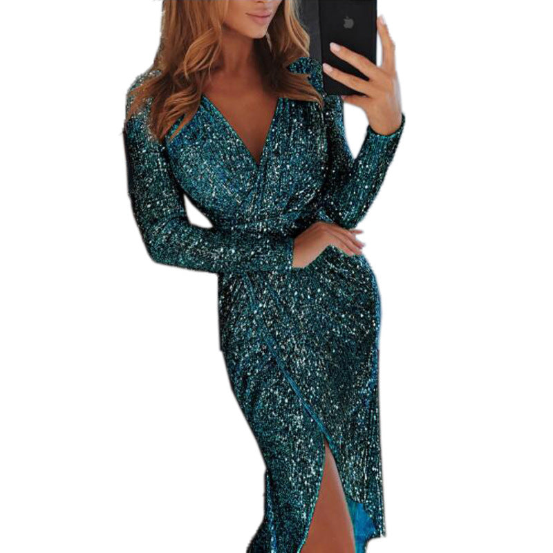 Womens Long Sleeve V-Neck Sequin Dinner Dress Ladies Evening party Dress Season Prestige